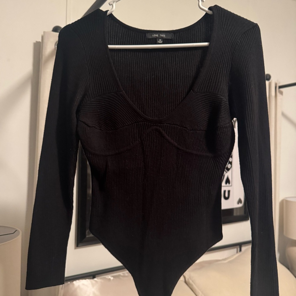 Love Tree Black Ribbed Long Sleeve Scoop Neck Bodysuit